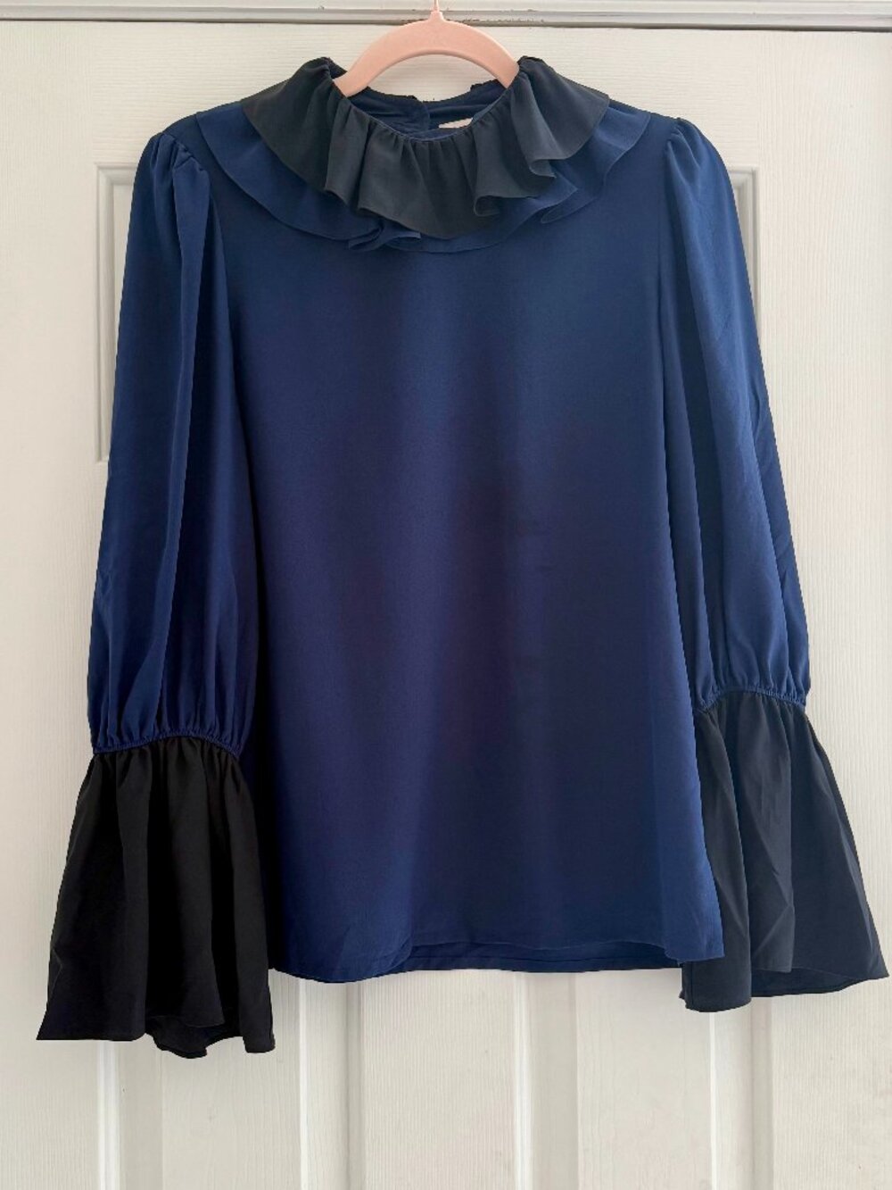 Tory Burch 100% Silk Ruffled Blouse | Size 2 | Cobalt & Black